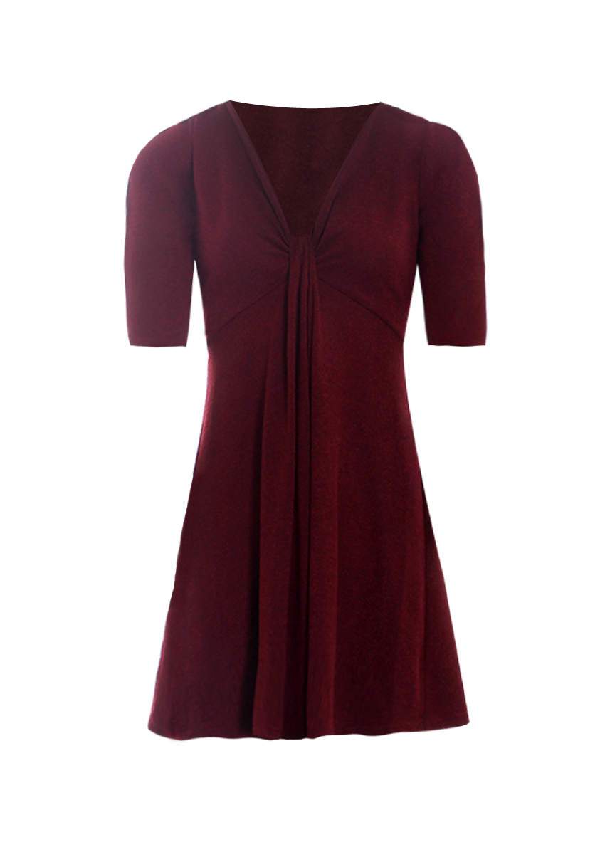 Wine Knitted Knot Front Dress